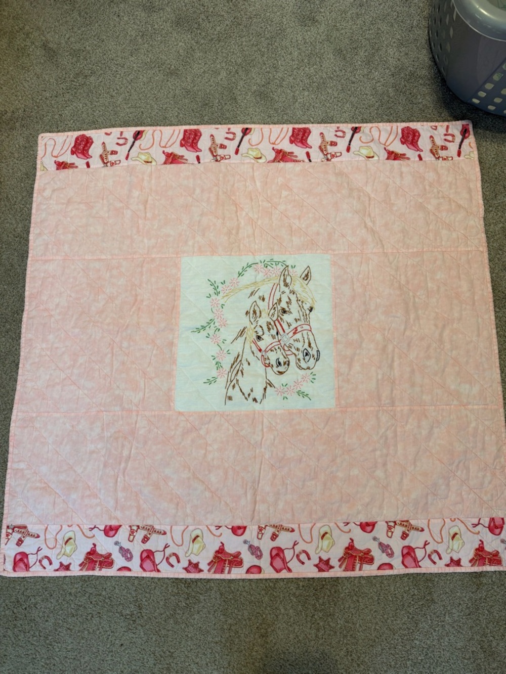 Pink Horse Embroidered Baby Quilt